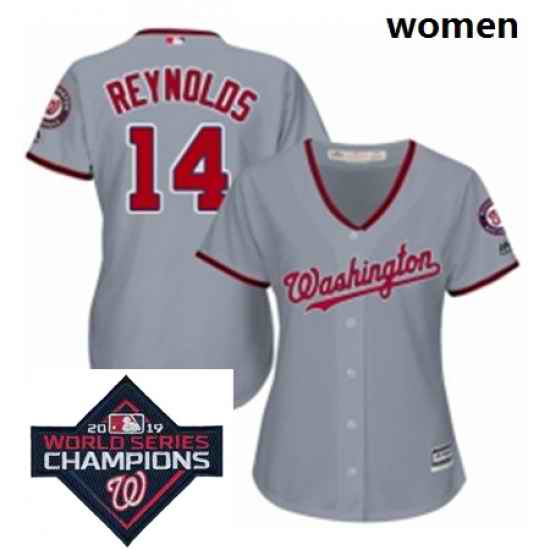 Womens Majestic Washington Nationals 14 Mark Reynolds Authentic Grey Road Cool Base MLB Stitched 2019 World Series Champions Patch Jersey